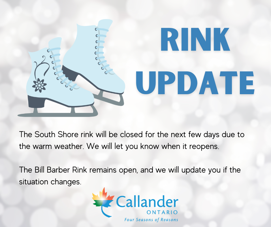 Rink Update: The South Shore rink will be closed for the next few days due to the warm weather. We will let you know when it reopens. The Bill Barber Rink remains open, and we will update you if the situation changes. 
